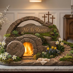 Könnte beinhalten: Eine dekorative Osterszene mit einem Steingrab mit der Aufschrift "Er ist auferstanden". Die Szene umfasst drei Kreuze, Grün, Blumen und einen leuchtenden Innenraum. Eine Bibel und eine Uhr befinden sich im Hintergrund.
