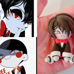 May include: A handmade figurine of a cartoon character with brown hair, red eyes, and a red bow tie. The figure is wearing a black suit with white cuffs and a white shirt. The image also includes two cartoon illustrations of the same character.