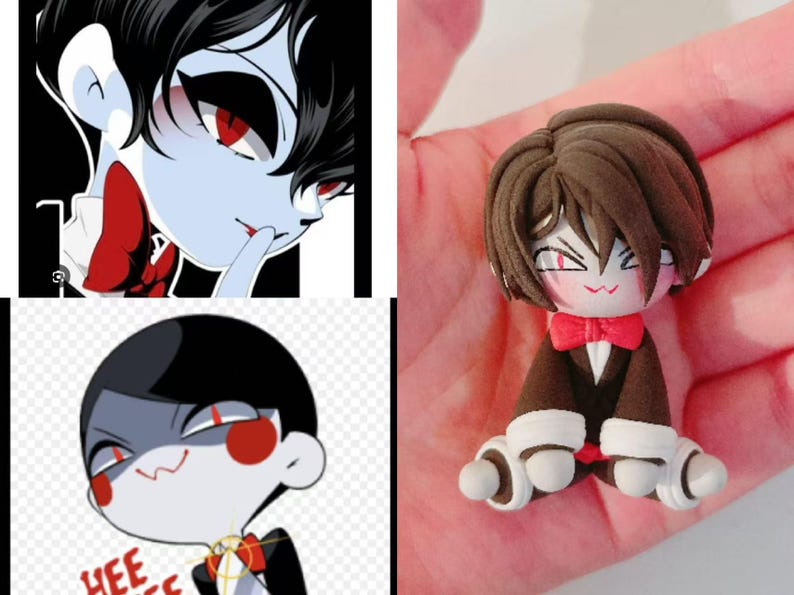 May include: A handmade figurine of a cartoon character with brown hair, red eyes, and a red bow tie. The figure is wearing a black suit with white cuffs and a white shirt. The image also includes two cartoon illustrations of the same character.