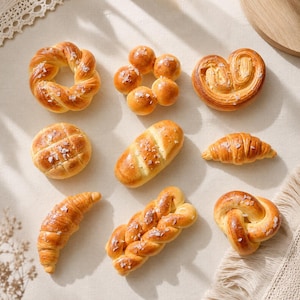 Könnte beinhalten: Eine Auswahl von neun goldbraun gebackenen Brötchen und Gebäckstücken, die in einem Raster angeordnet sind. Das Sortiment umfasst einen geflochtenen Ring, ein blumenförmiges Brötchen, ein herzförmiges Gebäck, ein rundes Brötchen, ein ovales Brot.