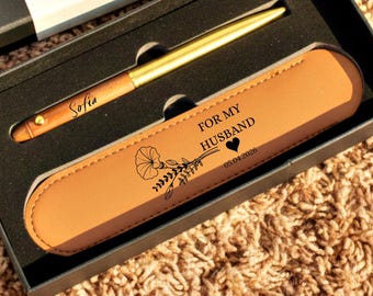Personalized Gift for Him | Custom Engraved Pen Leather Pouch Set | Groomsmen Wedding Birthday Father's Day Anniversary