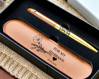 Personalized Pen with Leather Case | Custom Engraved Gift Set | Groomsmen Wedding Gift | Birthday Anniversary Present