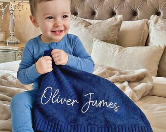 Personalized Newborn Gift Baby Blanket Custom Name | Knit Cotton Embroidered Nursery | Baby Shower Christening Keepsake Monogram