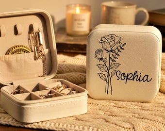 Personalized Birth Flower Jewelry Travel Case | Custom Engraved Leather Box | Birth Month Flower Gift for Her Birthday Present