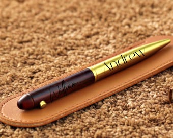 Engraved Metal Pen Leather Case | Personalized Custom Gift Set | Groomsmen Wedding Groom Best Man Birthday Anniversary