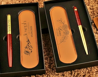 Custom Engraved Pen Set | Personalized Leather Case Gift | Groomsmen Wedding Groom Best Man Father Bride Birthday Gift