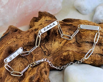 Custom Mini Name Bar Bracelet • Engraved Charm Bracelet with a Dainty Paperclip Chain • Birthday Gift for Mom • Birthday Gift for Her •