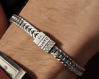 Personalized Mens Silver Bracelet, Custom Couple Bracelet, Adjustable Bracelet, Christmas Father's Day Gift for Dad Boyfriend Husband