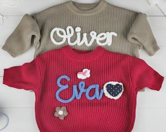 Personalized Baby Name Sweater, Custom Knit Sweater, Newborn Sweater with Name, Hand-Embroidered Sweater, Birthday Gift for Baby, Baby Gift