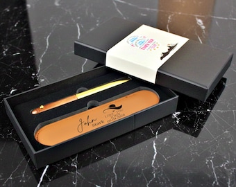Engraved Ballpoint Pen Set | Personalized Custom Leather Case | Groomsmen Wedding Gift Birthday Father's Day Anniversary