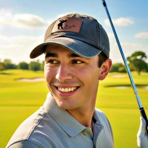 Pode incluir: Boné de beisebol cinza com aba curva e patch de couro marrom. O patch apresenta uma silhueta de golfista e o nome "Tara". O boné é usado por uma pessoa em um campo de golfe.