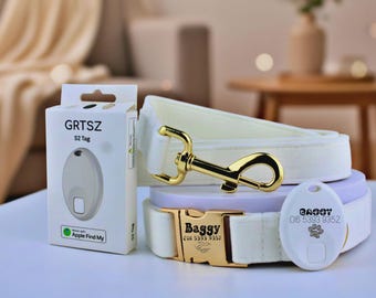 Multiple Colour Velvet Personalise Dog Collar Leash Set with Bow,Brown+Grey+White,Engraved Pet Name Plate Metal Buckle,Wedding Puppy Gift