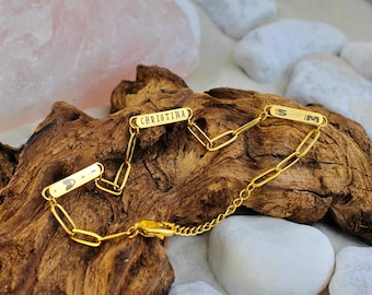 Custom Mini Name Bar Bracelet • Engraved Charm Bracelet with a Dainty Paperclip Chain • Birthday Gift for Mom • Birthday Gift for Her •