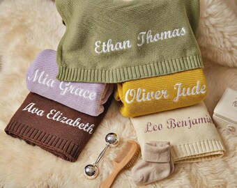 Babydecke mit Name Personalisiert Bestickt | Baumwolle Gestrickt Neugeborenes Geschenk | Babyparty Taufe Kuscheldecke Kinder