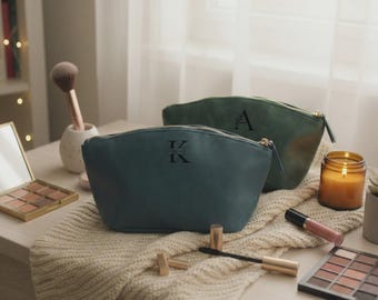Personalized Gift for Her Makeup Bag | Custom Engraved Leather Cosmetic Bag | Birthday Mothers Day Gift Women Toiletry Bag