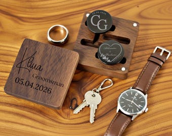 Groomsmen Gift Cufflinks Personalized | Engraved Wooden Box Set Custom | Wedding Gift Best Man Groom Father of Bride
