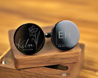 Custom Engraved Cufflinks Gift Set | Personalized Wooden Box Groomsmen Gift | Wedding Best Man Groom Father Gift Men