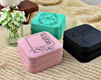Personalized Birth Flower Jewelry Case | Custom Engraved Travel Box Leather | Bridesmaid Birthday Gift for Her Mother's Day