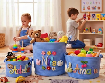 Personalized Kids Storage Basket | Handmade Cotton Rope Toy Bin
