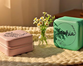 Birth Flower Jewelry Travel Case | Custom Engraved Leather Box Personalized | Bridesmaid Proposal Birthday Gift Mother's Day