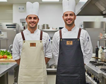 Custom Kitchen Apron | Engraved Canvas Apron with Leather Detail | Adjustable Cross Back | Gift for Chef Baker Grill Master
