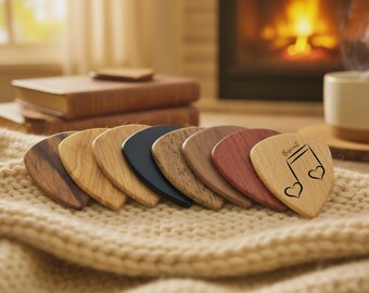 Personalized Wooden Guitar Pick Box | Custom Engraved Picks Set | Heart Case Musician Gift Guitarist Boyfriend Husband Birthday Present