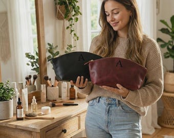 Personalized Makeup Bag Custom Engraved | Leather Cosmetic Bag Gift for Her | Birthday Travel Toiletry Bag Women Mom | Personalized Gift