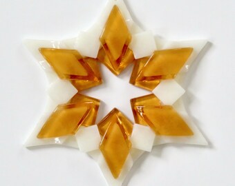 Fused Glass Snowflake Ornament / Suncatcher: warm white & amber - best friend gift, birthday gift, summer solstice gift, client gift