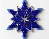 Fused Glass Snowflake Ornament / Suncatcher:  cobalt blue, periwinkle & clear - skier gift, hostess gift, winter birthday, hostess gift