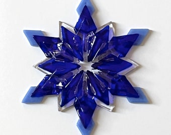 Fused Glass Snowflake Ornament / Suncatcher:  cobalt blue, periwinkle & clear - skier gift, hostess gift, winter birthday, hostess gift