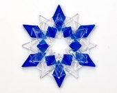 Fused Glass Snowflake Ornament / Suncatcher:  blue & clear - skier gift, winter birthday gift, teacher gift, winter solstice, client gift