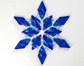 Fused Glass Snowflake Ornament / Suncatcher:  blue & clear - winter birthday gift, teacher gift, winter solstice, client gift, hanukkah gift