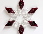 Fused Glass Snowflake Ornament: fuchsia/plum & iridized clear suncatcher- BFF, grandma, winter solstice, teacher gift, skier