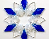 Fused Glass Snowflake Ornament / Suncatcher:  blue & translucent white - winter birthday, christmas gift, winter solstice gift, hanukkah
