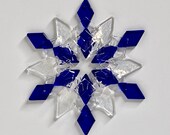 Fused Glass Snowflake Ornament / Suncatcher:  cobalt blue & iridized clear - winter birthday gift, christmas gift, winter solstice gift