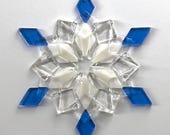 NEW! Fused Glass Snowflake Ornament / Suncatcher:  sky blue, white & clear - winter solstice, teacher gift, Hanukkah, mother in law, BFF
