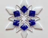 Fused Glass Snowflake Ornament / Suncatcher:  cobalt blue & white - winter birthday gift, christmas decor, winter solstice, hanukkah