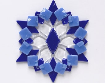 Fused Glass Snowflake Ornament / Suncatcher: cobalt blue, medium blue & clear - skier gift, winter birthday gift, winter solstice gift