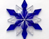 Fused Glass Snowflake Ornament/Suncatcher: cobalt blue & iridized clear - skier gift, artist gift, winter solstice gift, client gift
