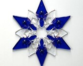 Fused Glass Snowflake Ornament/Suncatcher: cobalt blue & iridized clear - skier gift, artist gift, winter solstice gift, hostess gift