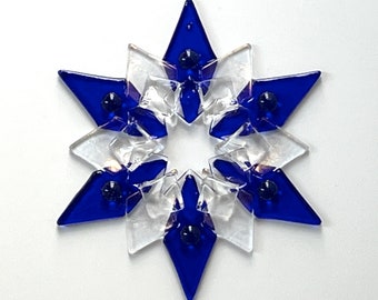 Fused Glass Snowflake Ornament/Suncatcher: cobalt blue & iridized clear - skier gift, artist gift, winter solstice gift, hostess gift