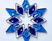 Fused Glass Snowflake Ornament / Suncatcher: cobalt blue, sky blue & clear - skier birthday gift, winter birthday gift, winter solstice gift
