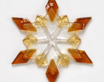 Fused Glass Snowflake Ornament / Suncatcher: two-tone amber & gold iridized clear - best friend gift, birthday gift, summer solstice gift