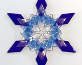 Fused Glass Snowflake Ornament / Suncatcher: cobalt blue, sky blue & iridized clear - skier gift, winter birthday gift, winter solstice gift
