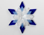 Fused Glass Snowflake Ornament / Suncatcher:  cobalt blue & translucent white - winter birthday gift, christmas gift, winter solstice gift