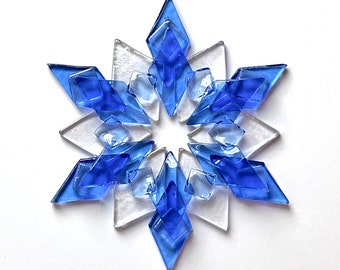 Fused Glass Snowflake Ornament / Suncatcher:  two-tone sky blue & iridized clear - winter birthday gift, winter solstice gift, client gift