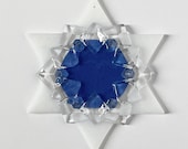 Kiln-fired Fused Glass Star of David Ornament: white & sky blue - grandma gift, rabbi gift, hostess gift, Hanukkah decoration, bar mitzvah