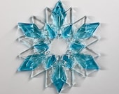 Fused Glass Snowflake Ornament / Suncatcher:  two-tone aqua & clear - hanukkah decor, winter birthday, winter solstice gift, judaica decor