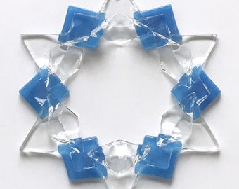 Fused Glass Snowflake Ornament / Suncatcher: blue/clear - skier birthday gift, winter birthday gift, teacher gift, client gift, artist gift