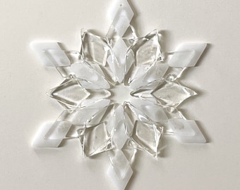 NEW! Fused Glass Snowflake Ornament / Suncatcher:  white & clear - christmas decoration, skier gift, december birthday, hanukkah gift